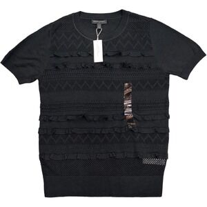 NEW Banana Republic Women's Size S Black Ruffle Knit Top Short Sleeve Acrylic